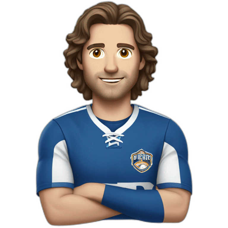 White man with light eyes, with long wavy dark brown hair, dressed in a blue and white team shirt emoji