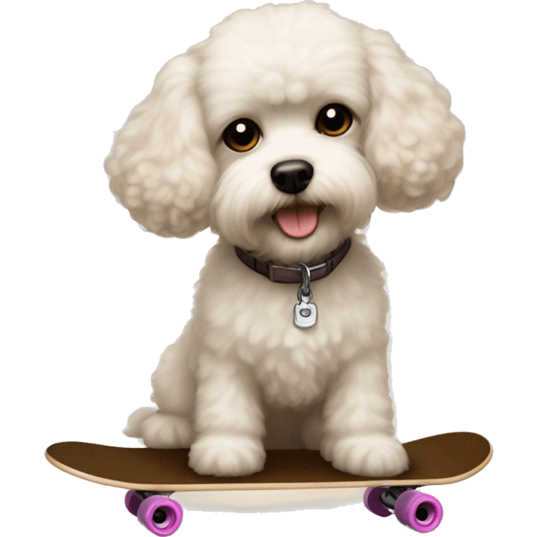 small dog with light tan curly fur, very very long ears down. dark brown eyes, mouth closed. on a skateboard bichon mix emoji