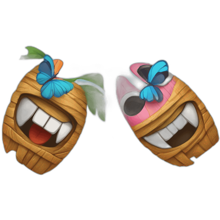 A surfboard Cartoon Blue and orange tiki smiling with butterfly and and Cartoon Blue and pink tiki singing with butterfly and mikrophone emoji