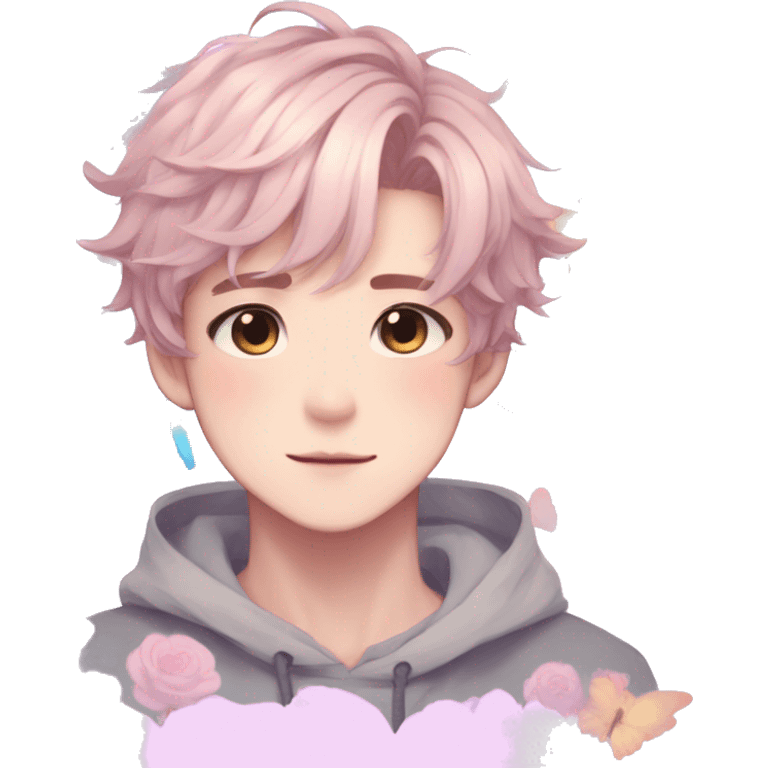 Gorgeous pastel anime style boy with blushing face and butterflies aesthetic trending style emoji