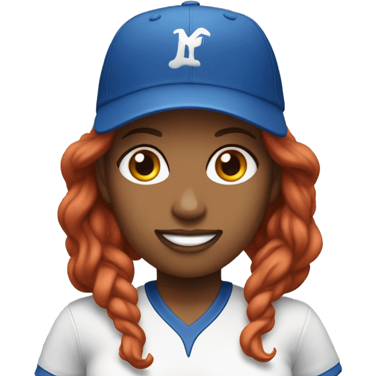 front facing standing up female coach with long red hair, wearing a white t-shirt and a simple baseball blue hat emoji