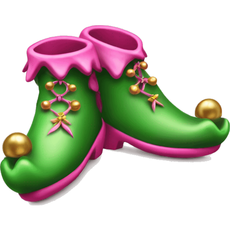 Realistic isolated pink and green elf shoes with bells. emoji