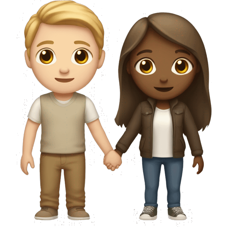 a white shorter girl with brown long straight hair and brown eyes holding hands with a taller white boy with very light brown short wavy hair emoji