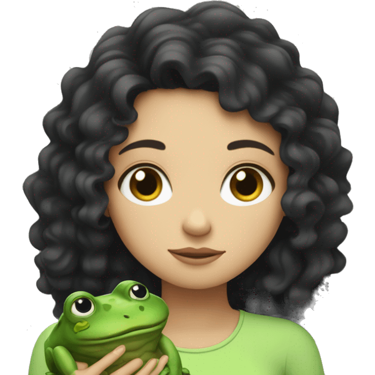 a white girl with curly black hair looking very sleepy and hugging a frog emoji