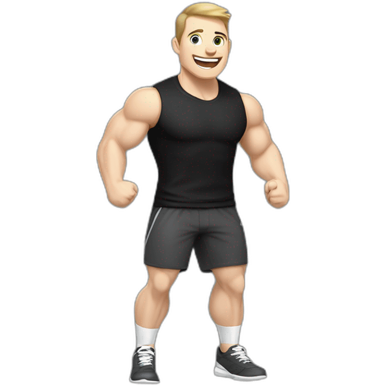 Joyful Celebrating victory Pale skinned Fit Man With the biceps and dark brown hair in black shirt, gray sports shorts and white Sneakers emoji