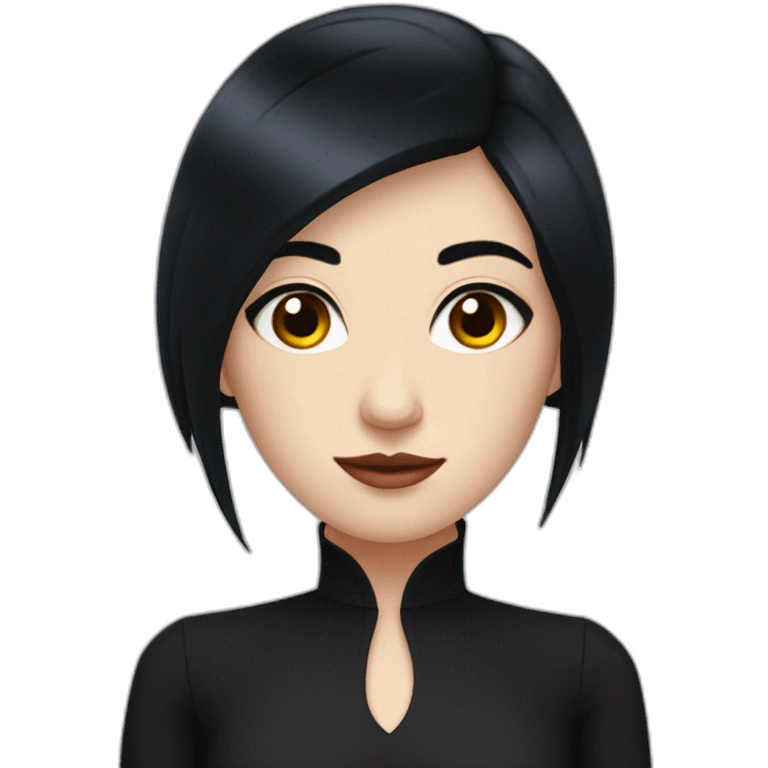 pale woman, long straight black hair, wearing dark night dress, eyes are red emoji