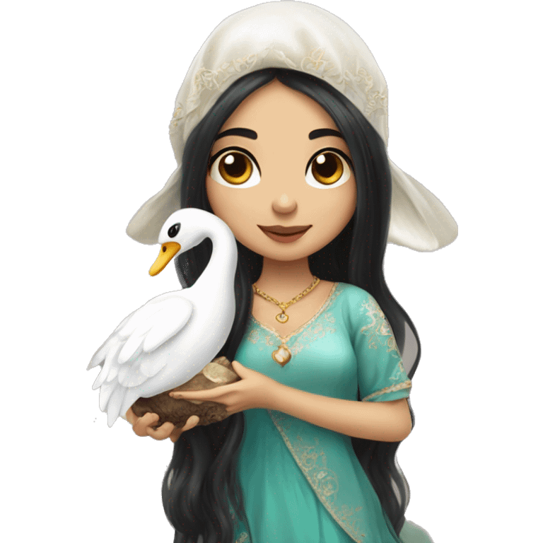 Asian Pakistani girl fairy holding mushroom with swan necklace long black hair and beautiful big eyed emoji