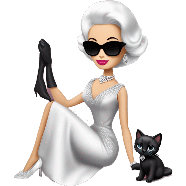 White Diamonds Elizabeth Taylor Barbie. Morticia Addams.Satin dress, opera gloves,pumps, bracelet, earrings, sunglasses Cuddling up with Slippers the kitten. emoji