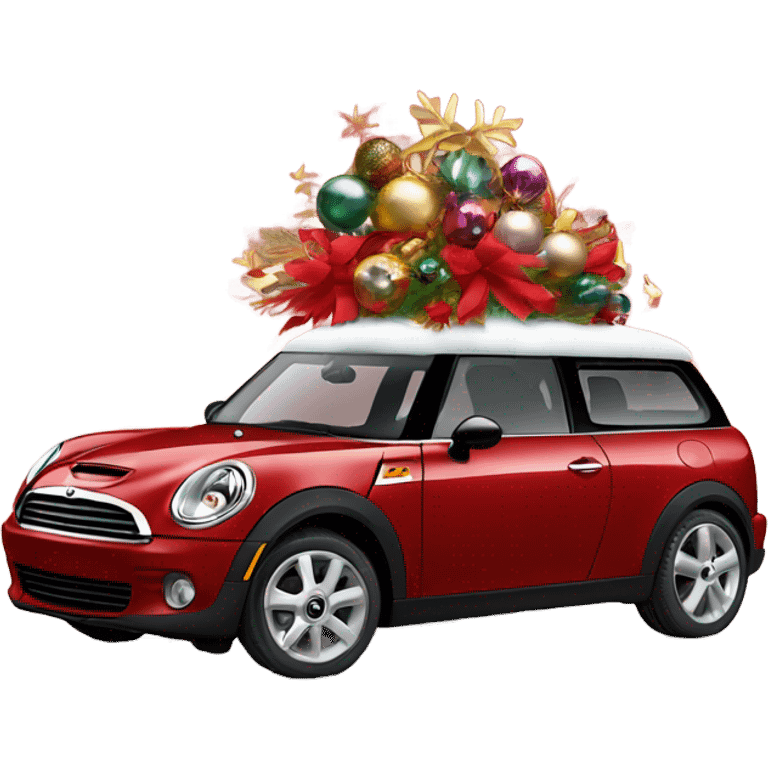 Red Mini Cooper Clubman with lots of Christmas decorations emoji