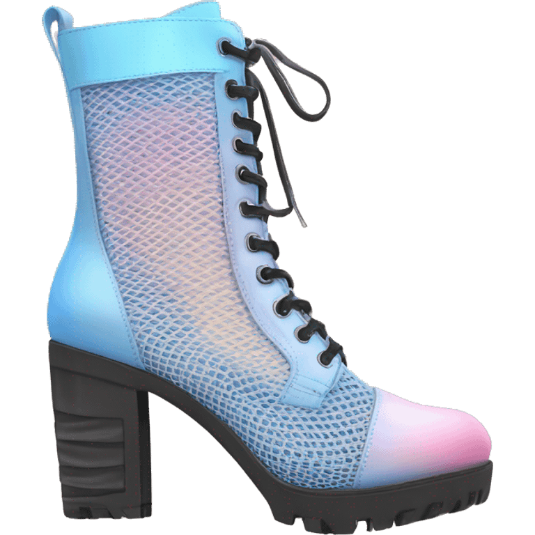 Realistic isolated top front view of a pair of pastel pink to pastel blue ombre pair of cut out mesh high heel combat boots. emoji