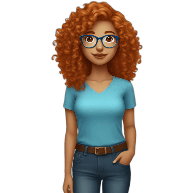 pretty girl with curly copper hair and blue glasses holding a big banner emoji