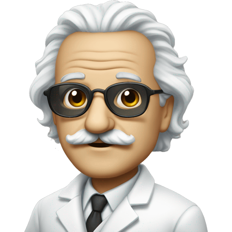 a scientist resembling Albert Einstein, bald, with hair on the sides of his head, a large mustache and round sunglasses. Wearing a white duster. emoji