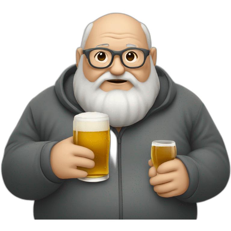 fat old man with dark grey beard and without hair, using eye glass drinking beer emoji