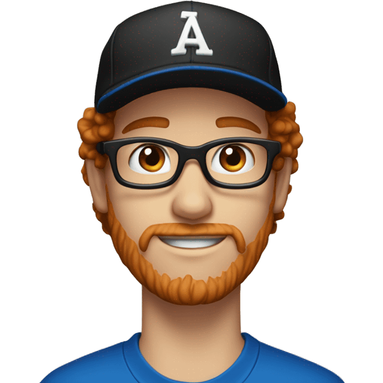 30 years old, male, red hair, curly hair, glasses, black baseball hat, blue eyes, pale complexion, stubble facial hair emoji