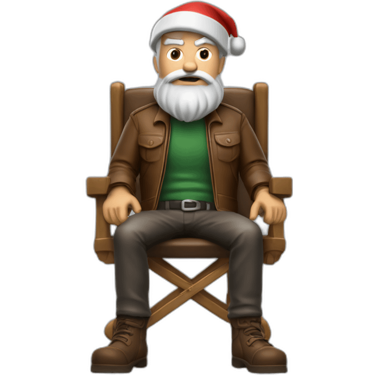 biff wiff short santa beard wearing a brown leather jacket and a paddy cap sitting in a folding directors chair looking angry(full body, ios17) emoji