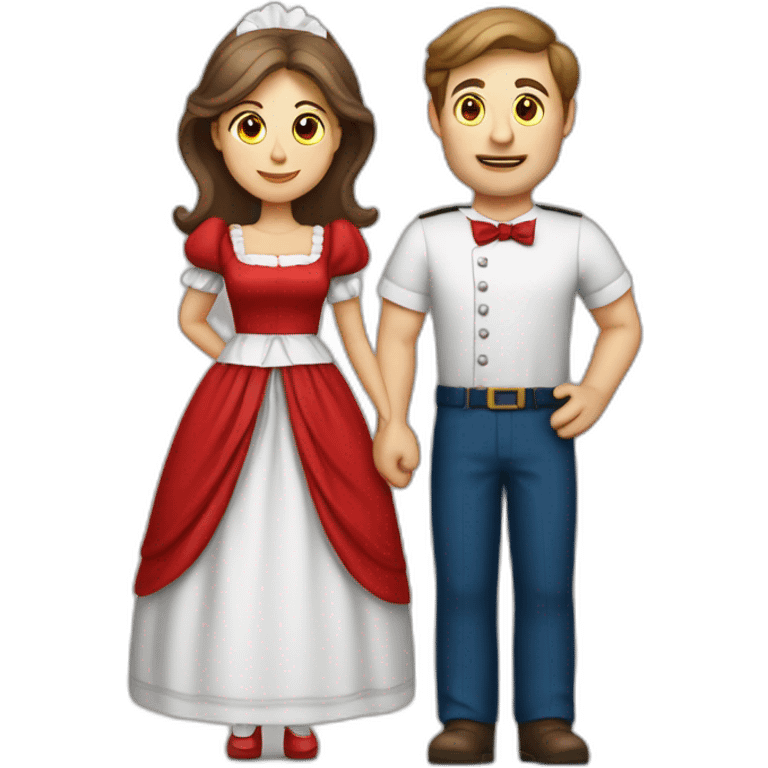 white man dressed in femail maid uniform besides his white wife with brown hair dressed in a red dress emoji