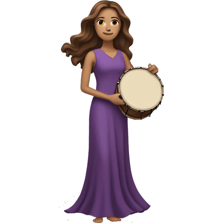 White woman standing with long flowing purple dress and long wavy brown hair holding a small frame drum emoji