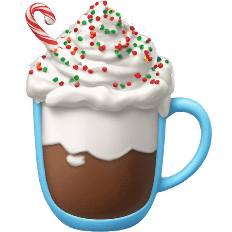 Mug of hot coco with whip cream and Christmas sprinkles emoji