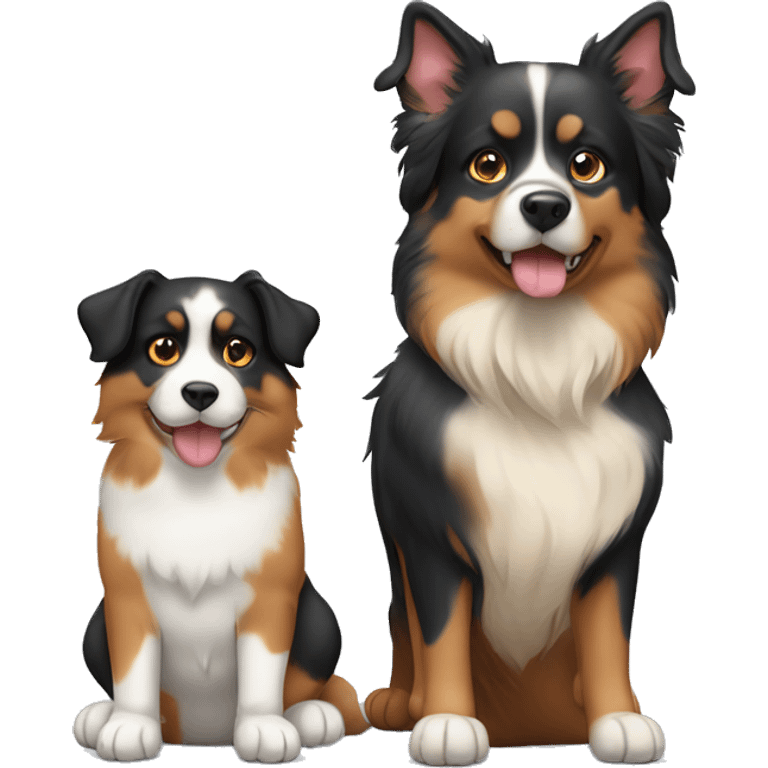 Two animals, a Fat calico cat with a black and tan Australian Shepard dog emoji