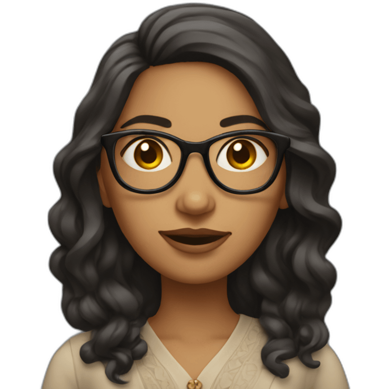 Indian woman with medium long wavy hair wearing glasses and fingers crossed emoji