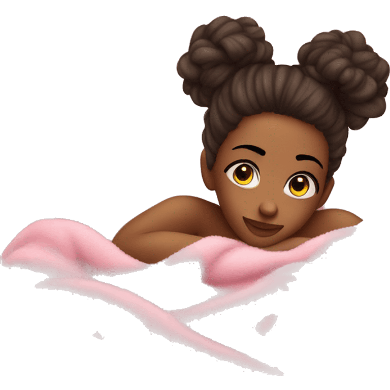 a girl laying down in bed with a messy bun with a pink fuzzy comfy blanket on top of her , make the girl really pretty  emoji