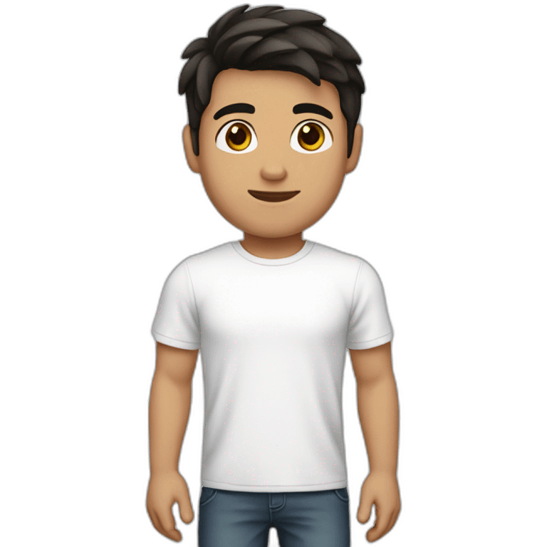 a young man, white skin, shorter black-brown hair and dark brown eyes wearing a white t-shirt emoji