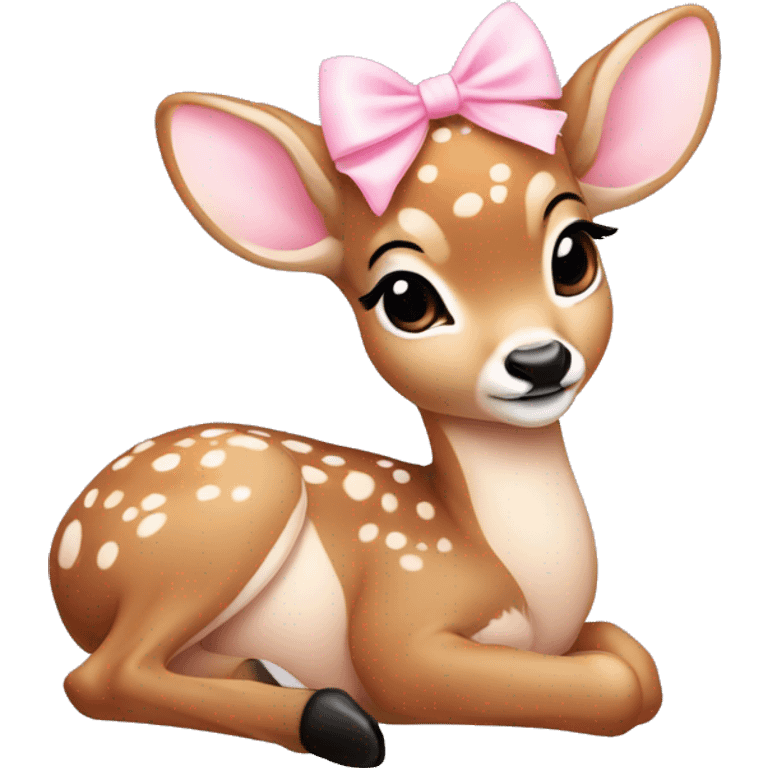 Baby deer with a little light pink bow on its head. The deer is curled up. emoji