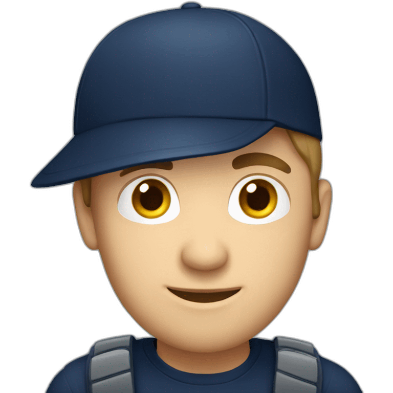 european guy wearing navy cap using laptop emoji