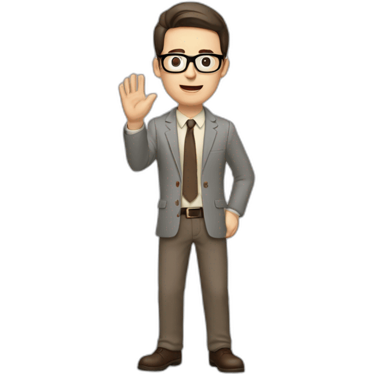 To belt Actively gesturing with hands Pale skinned fit man with dark brown hair in gray jacket, beige office shirt, brown tie, brown pants and vintage glasses. emoji