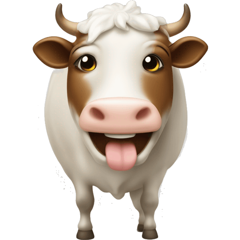 vaca vestida como granjero sosteniedo un envace de crema de lece, sonriendo emoji