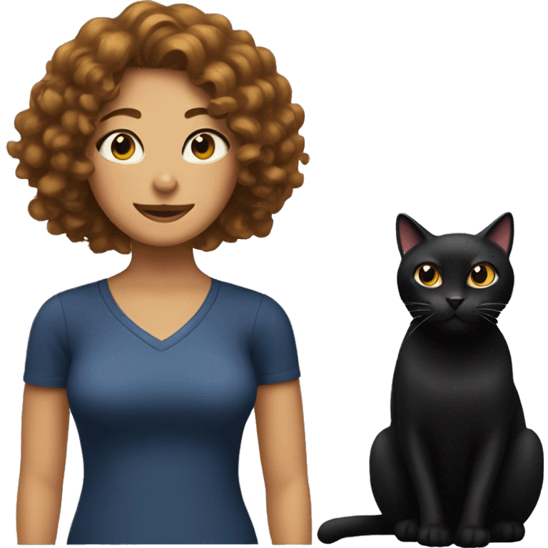 black cat with a woman with curly hair behind her emoji