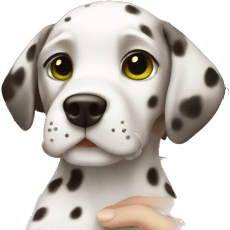 Full face of White Girl with dark brown curly hair and green eyes is holding Dalmatian puppy emoji