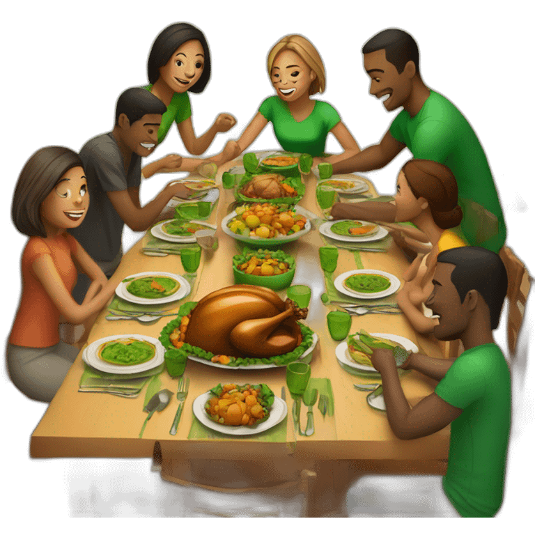 A thanksgiving table surrended by people wearing green t-shirts emoji