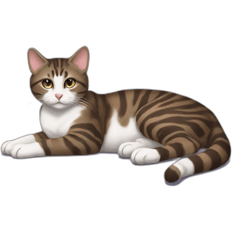 Dark brown and white Tabby Cat laying on the side emoji