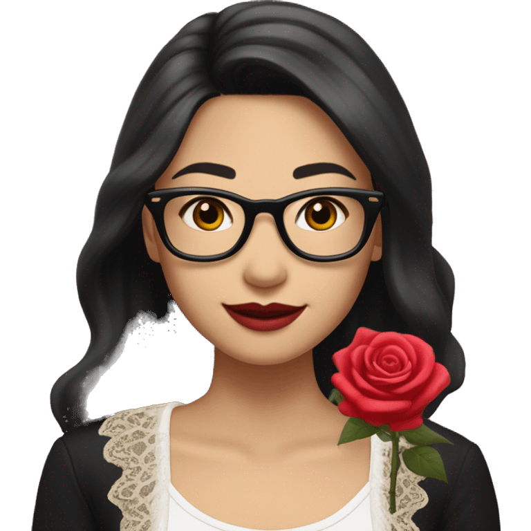 Asian girl, smiling with teeth, fair skin, black long hair, black eyes, black glasses with gold frames, red lipstick, wearing a white lace tank top and a black office jacket on top, with pink and red roses around her. emoji