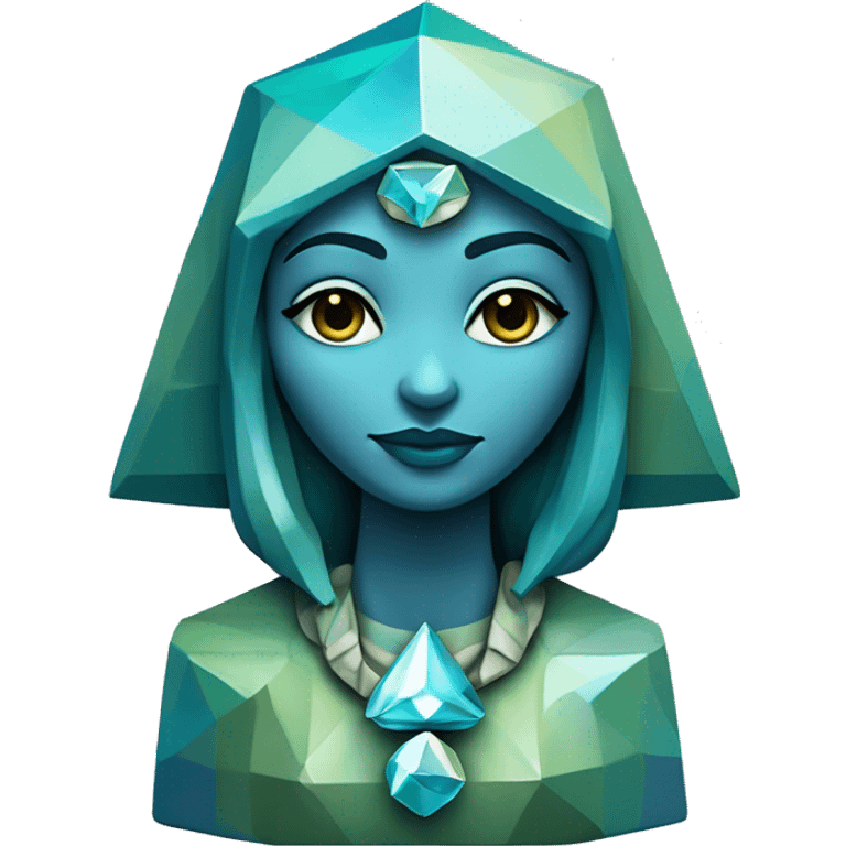 Sculpture oracle priestess with a geometric faceted design with disney features. Oracle of delphi is sparkling and standing upright on a base with angular and flower features. The vibrant blues neutrals and greens highlights the sharp edges and planes.  emoji