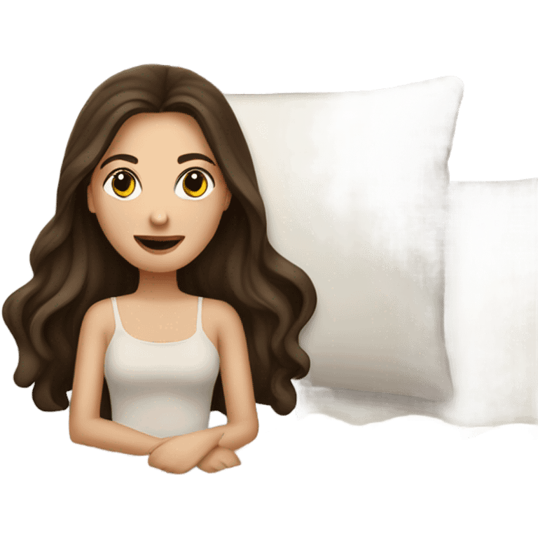 white girl with long dark brown hair sitting in a bed with beige comforter emoji