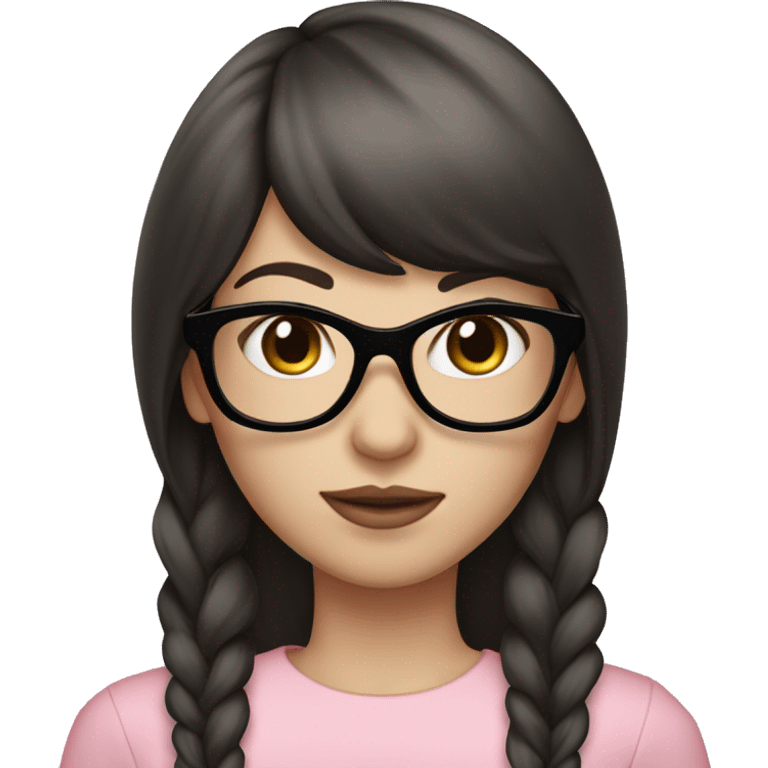 coquette Girl with long dark brown hair and bangs and black glasses pale skin pink long sleeve shirt emoji