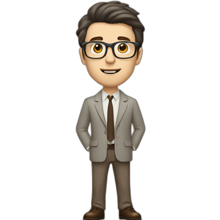 Full height Pale skinned Fit Man With dark brown hair in gray jacket, beige office shirt, tie, Brown pants and vintage glasses. Thrumbs of his palms directed up emoji