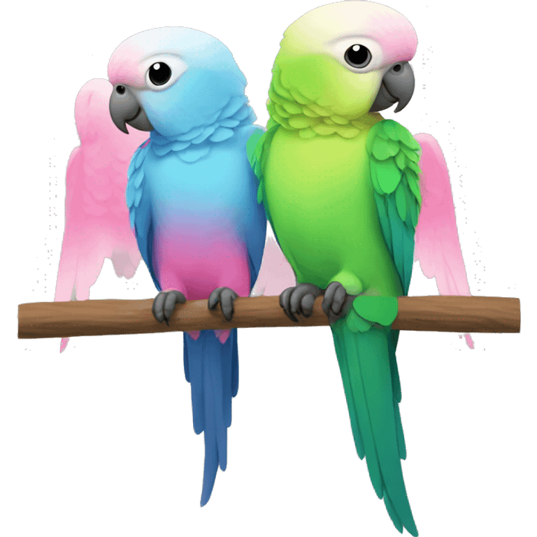 2 parakeets with pink and grey bodies and rainbow wings  emoji