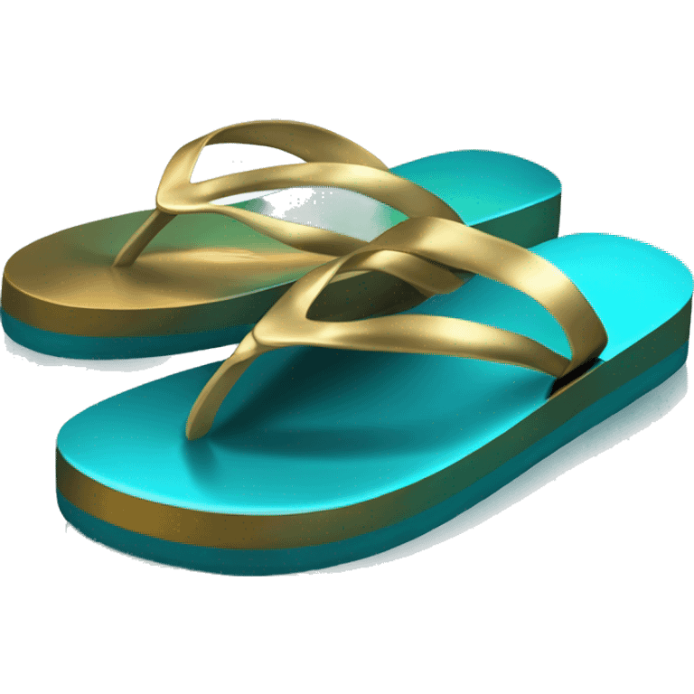 Realistic metallic gold ,dark turquoise gradient pair of summer flip flops isolated. emoji