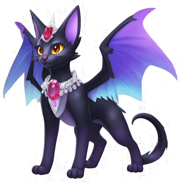 cool cartoon edgy distinguished ethereal elegant beautiful fantasy black purple red ethereal fantasy nargacuga-Noivern-cat-Quiana-Fakemon collar harness moon gem jewels full body emoji