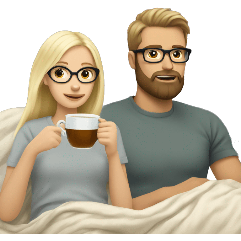 Pale blonde girl wearing glasses drinking tea under blanket with bearded brunette man emoji