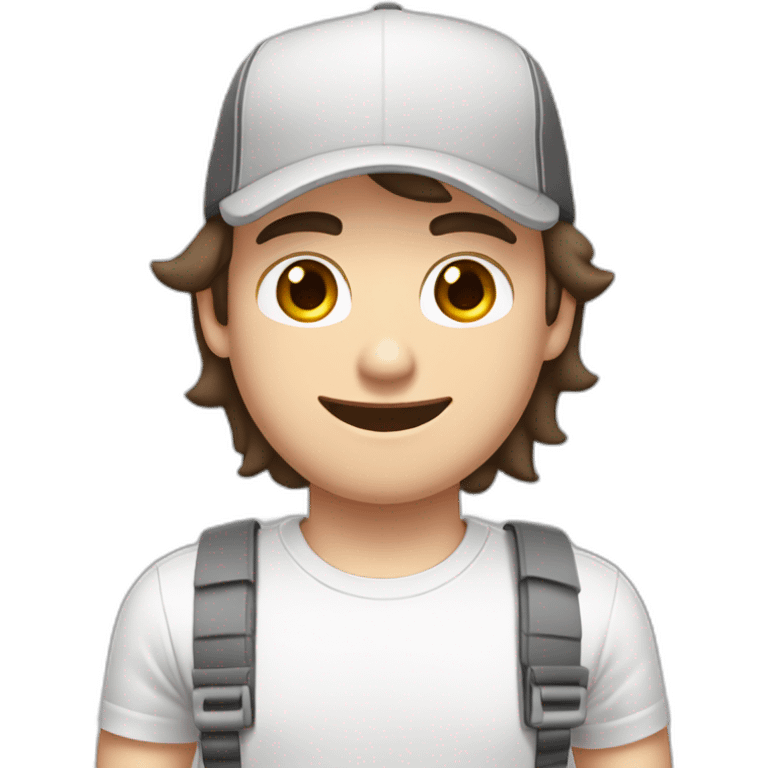 Pale skinned fit Man with dark brown hair in a white cap, gray jeans and gray polo T-shirt keeping a pasted with tape box into his hands emoji