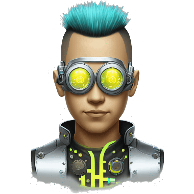 Neon yellow Mohawk hair Asian male cyborg head with silver steampunk goggles and circuits emoji