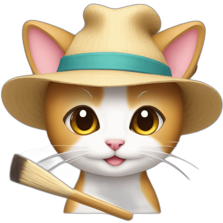 Kawaii cat artist in hat with a brush so it can be used as a mouse cursor emoji