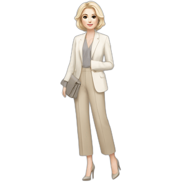 pale skin woman with ash blonde Straightened bob Hair, White Spacious classical jacket, beige palazzo Arrow pants and gray blouse holding a color palettes in the hands emoji