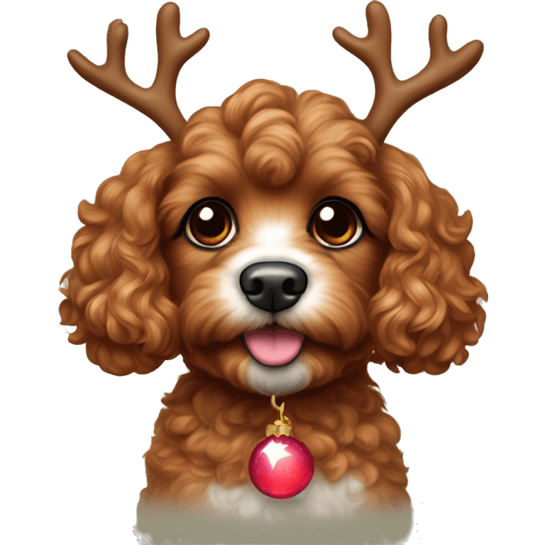 ruby brown toy cavoodle with a glowing red nose and reindeer ear headband on emoji