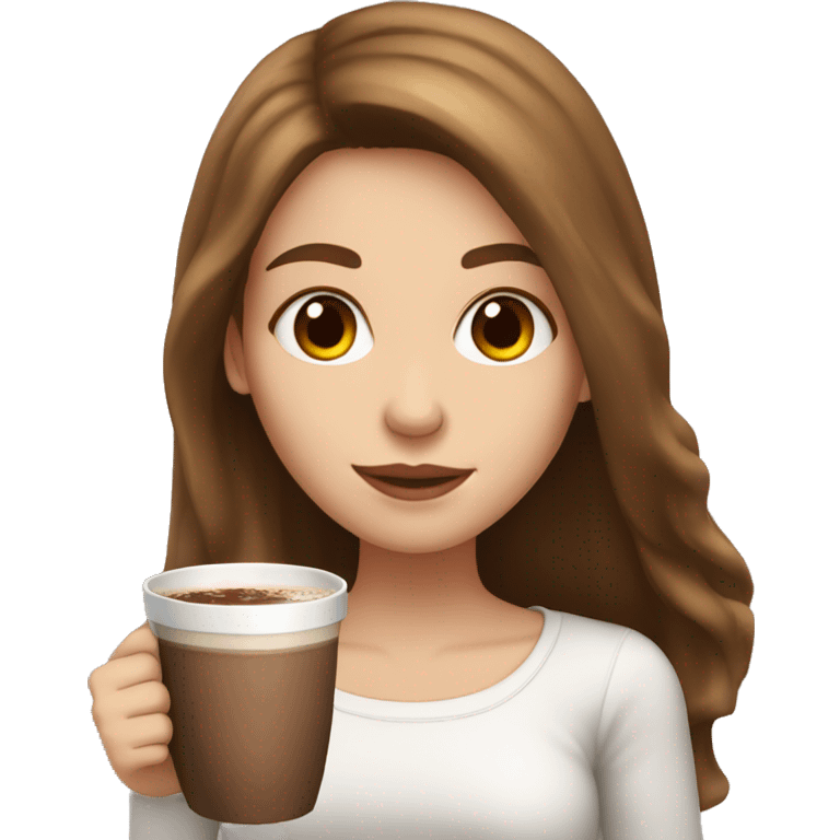 white girl with brown long hair and a hot chocolate emoji