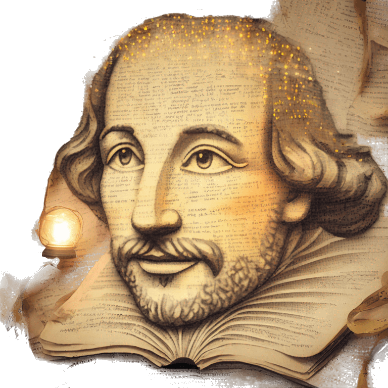 Glowing Shakespeare made of newspaper and bokeh fairy lights lanterns stained glass, fairy lights, bokeh, annotated sketch, handwritten letters, collage of intricate patterns, lantern, bokeh emoji